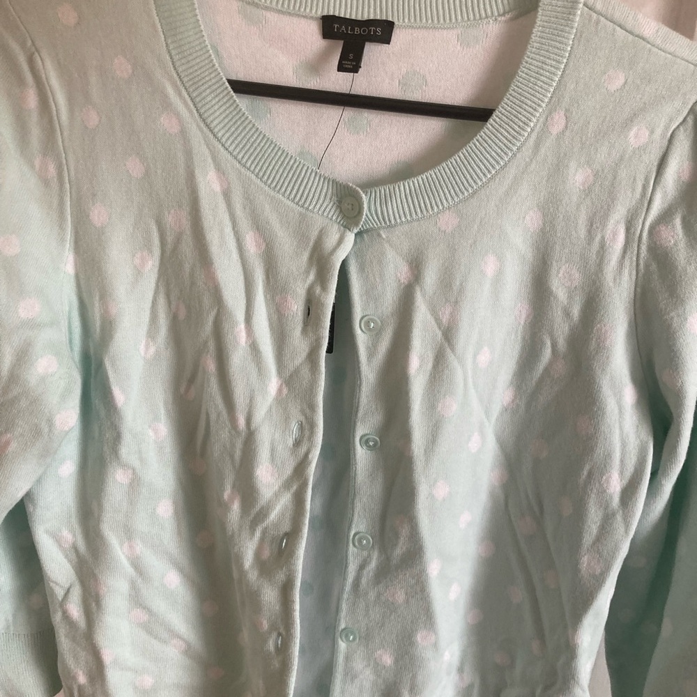 Talbots Mint Green Polka Dot Crewneck Cardigan